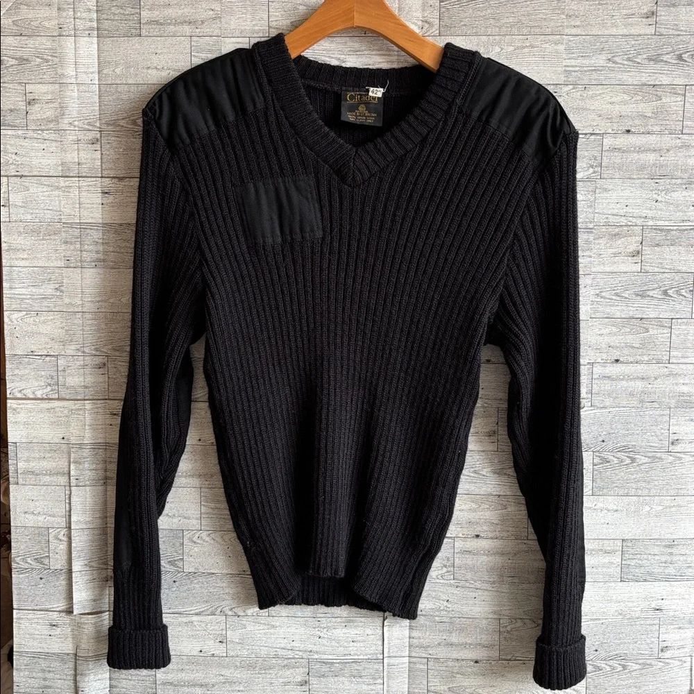 Citadel sweater men's black wool commando military shoulder & elbow‎ Patches 42